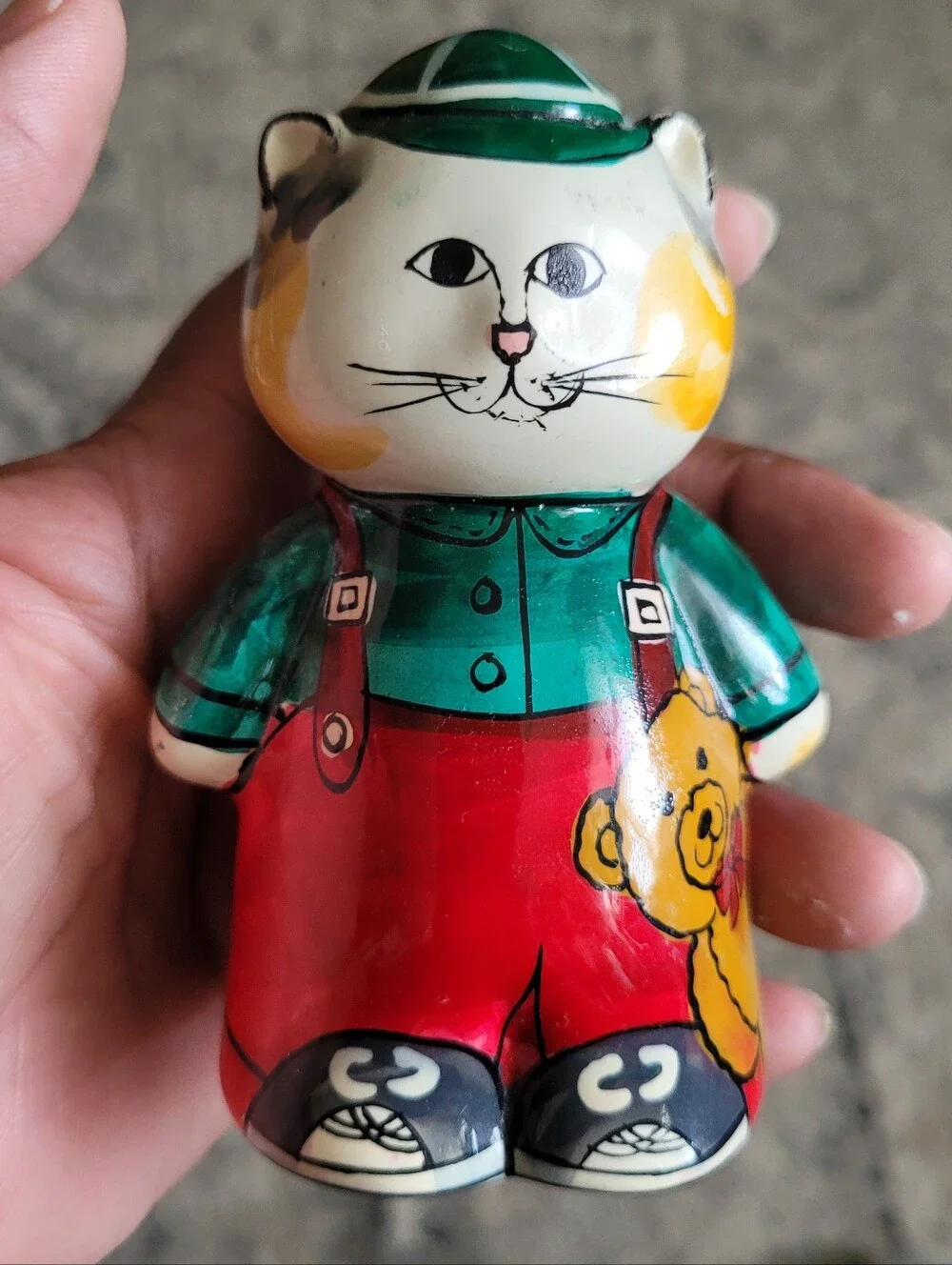 Vintage Enesco 1983 Cat Figurine with Teddy Bear Red & Green Outfit
